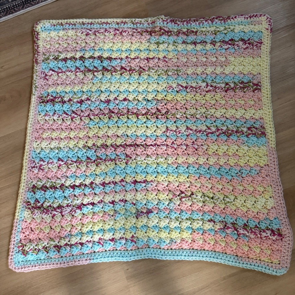 Hand Crochet Square Rainbow Baby‎ Blanket Multicolor Pastel Cottagecore Knit